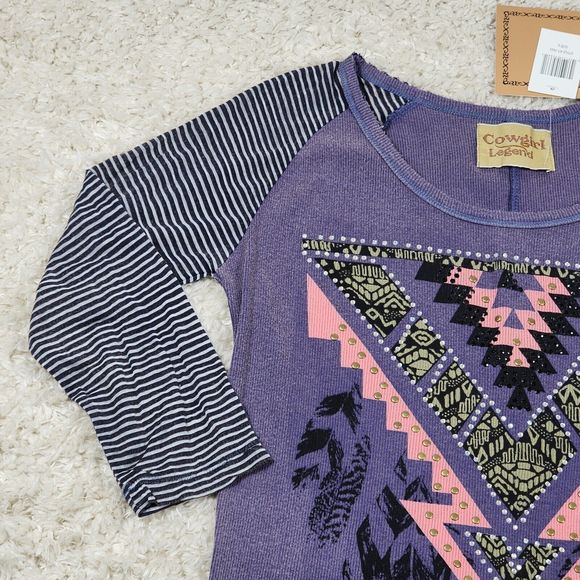 Cowgirl Legend Knit Tshirt Womens Large Purple Aztec Embellished Western Top - Picture 5 of 11
